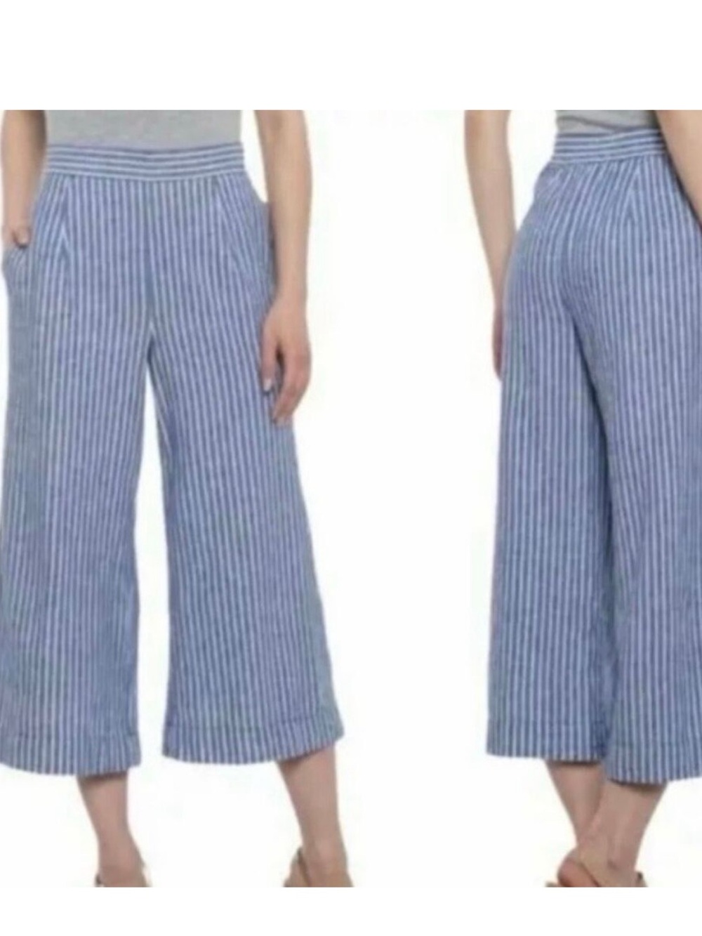 Beachlunchlounge Linen Blue striped cropped wide leg pants Size large